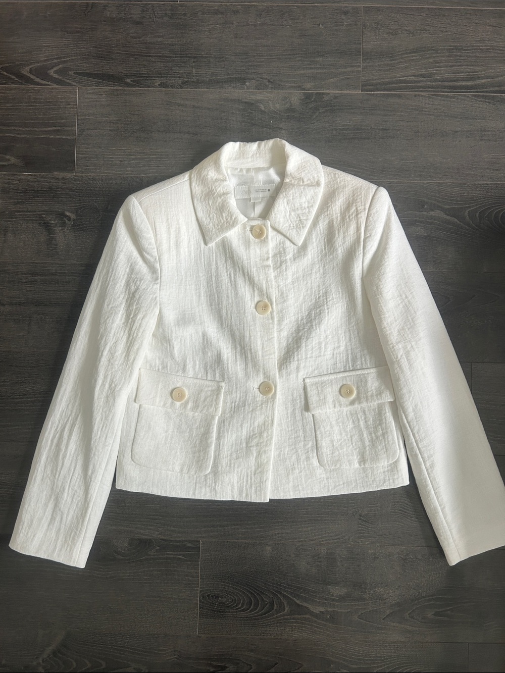 NWOT ZARA Textured Off White Cropped Jacket XS Flap Pockets Point Collar